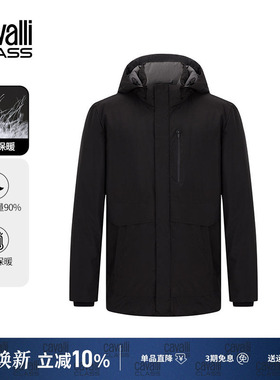 Cavalli Class卡沃利男装冬季新款连帽羽绒服中长款纯色休闲外套