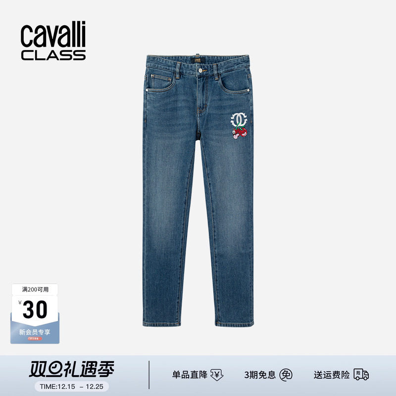 卡沃利卡通樱桃刺绣牛仔裤休亲裤