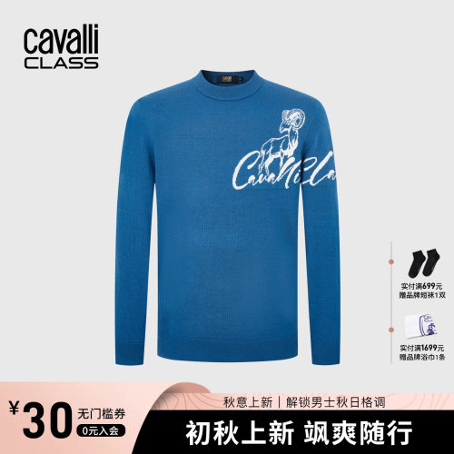 Cavalli Class卡沃利高端半高领提花毛衣男装秋冬羊毛混纺针织衫