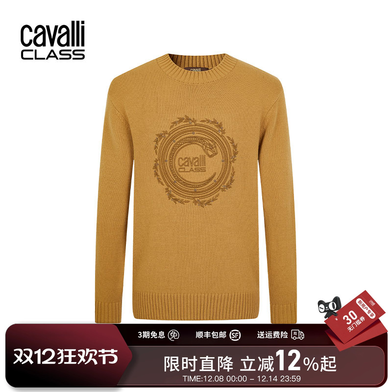 CavalliClass卡沃利春秋圆领套头含羊毛针织衫男刺绣保暖打底毛衣