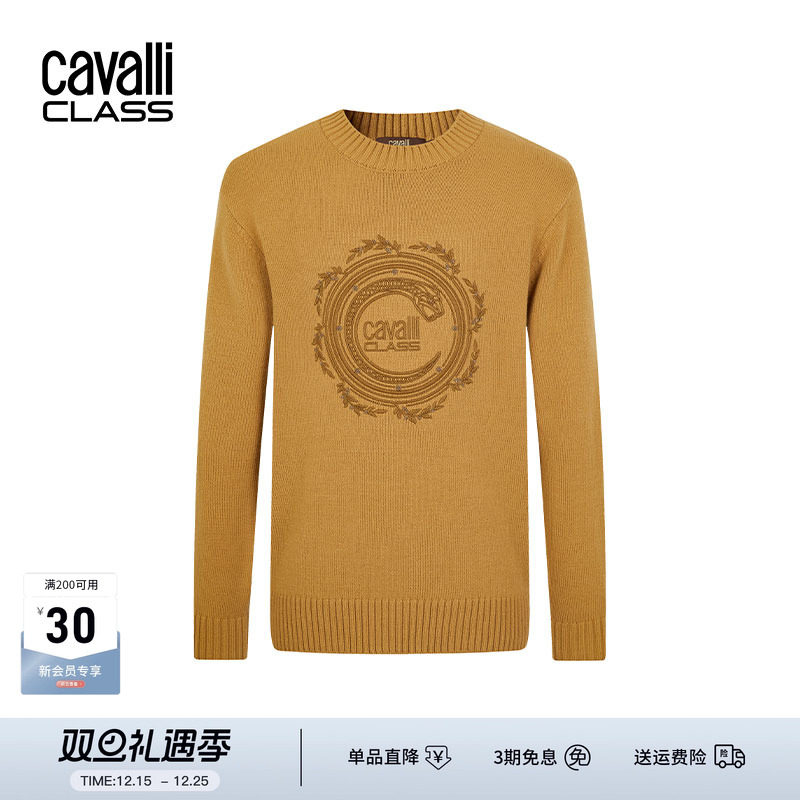 CavalliClass卡沃利春秋圆领套头含羊毛针织衫男刺绣保暖打底毛衣