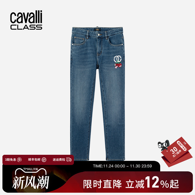 卡沃利卡通樱桃刺绣牛仔裤休亲裤