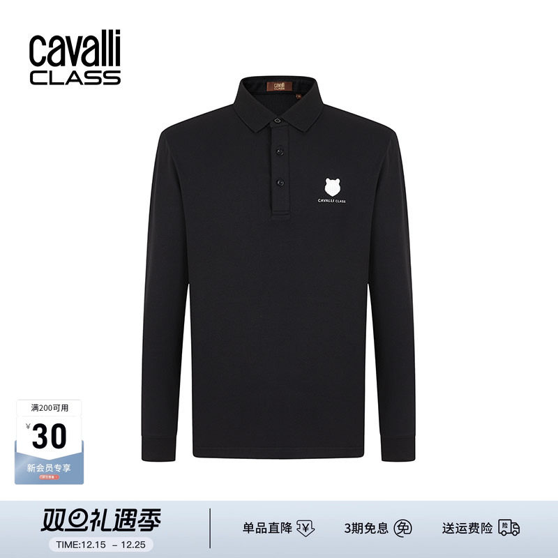 Cavalli Class卡沃利男装春秋新款修身休闲LOGO长袖POLO衫翻领T恤