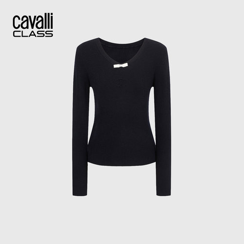 Cavalli Class卡沃利高端女装简约V领棉羊毛针织衫提花蝴蝶结毛衣