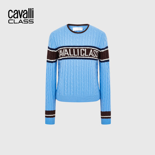 Cavalli Class卡沃利高端女装撞色提花条纹毛衣秋冬绵羊毛针织衫