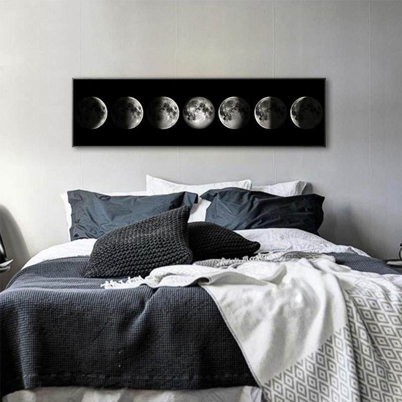 北欧装饰长方形挂画长条形月亮地球黑白壁画现代简约客厅横版卧室