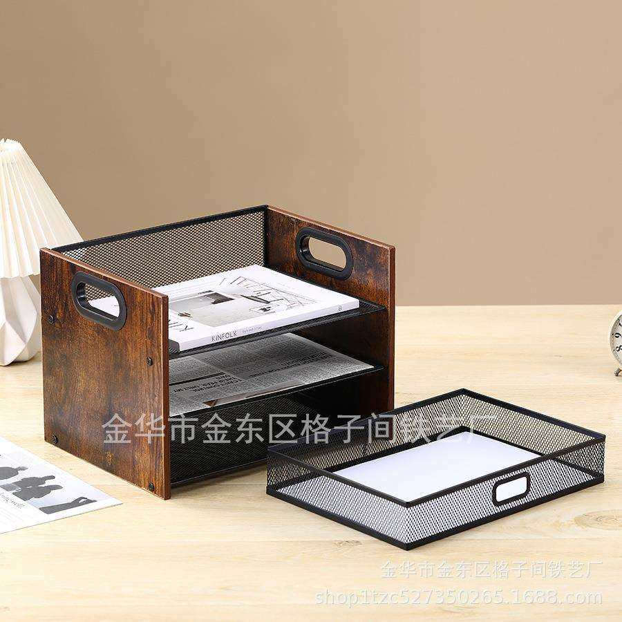 金属文件管理架木头3层A4抽屉式文件托盘铁艺网格分类实木管理架