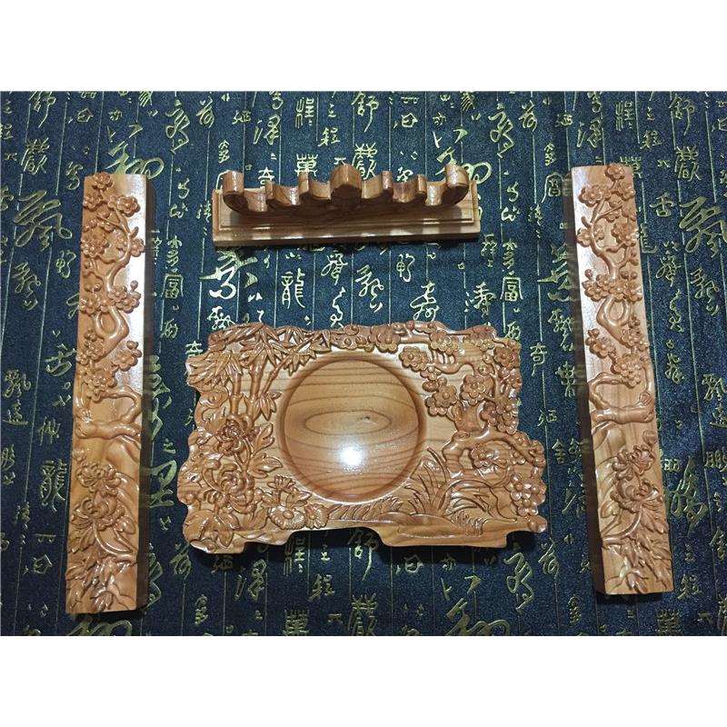 肥城桃木 文房四宝摆件 实木雕刻 砚台镇纸笔架