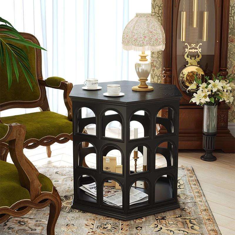 中古风实木圆拱形茶几镂空边桌六边形复古弗拉维边几美式装饰柜子