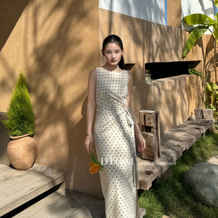 30亚麻 DIGM 气质复古波点绑带收腰设计背心连衣裙 时尚 DB19650 式