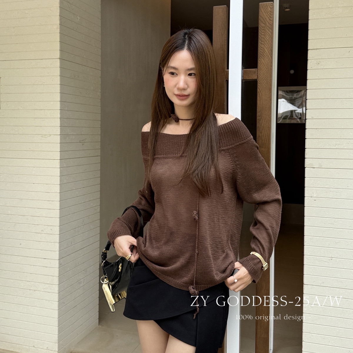 ZY GODDESS-韩系温柔简约氛围感一字肩宽松百搭针织衫(配编织绳)