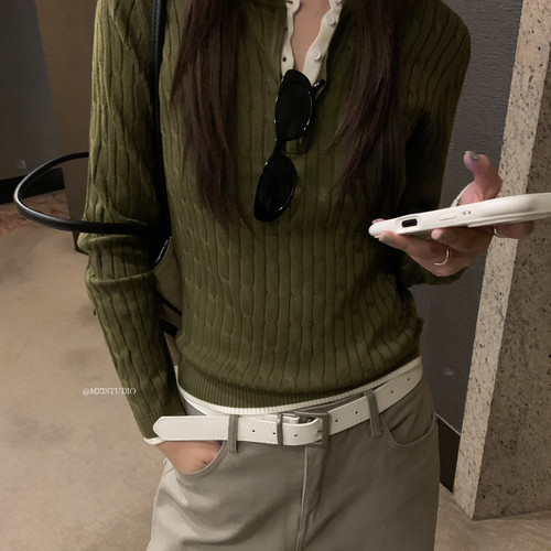 MZI STUDIO-件撞色圆领钮扣简约高级感套头毛衣A80285#