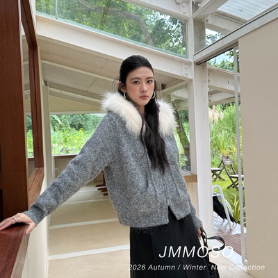 ZY GODDESS-搭温柔拉链连帽宽松毛衣短外套(配真狐狸毛领)XEM8232