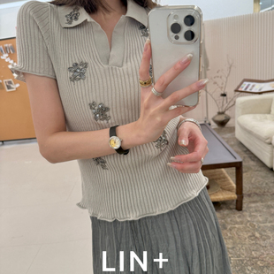 LIN CY722 夏上新～轻奢重工手工钉珠坑条弹力气质优雅小衫