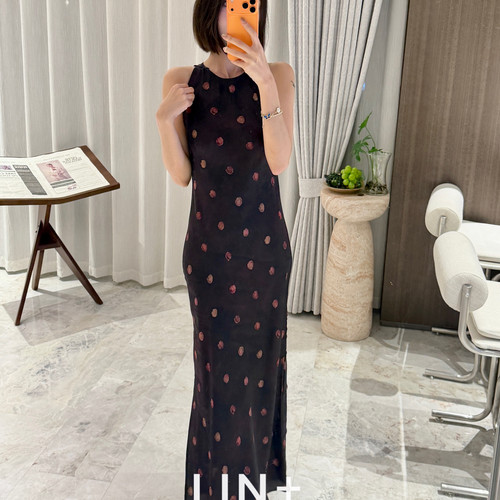 LIN+  -晚风晕染人丝香云纱波点拼色斜裁法式度假连衣裙SS822-62