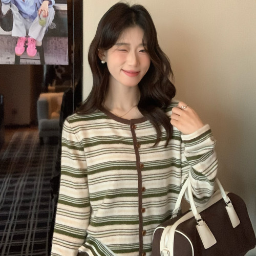 SUSAN-韩系简约质感韩系美拉德条纹撞色包温柔软糯针织开衫6360s