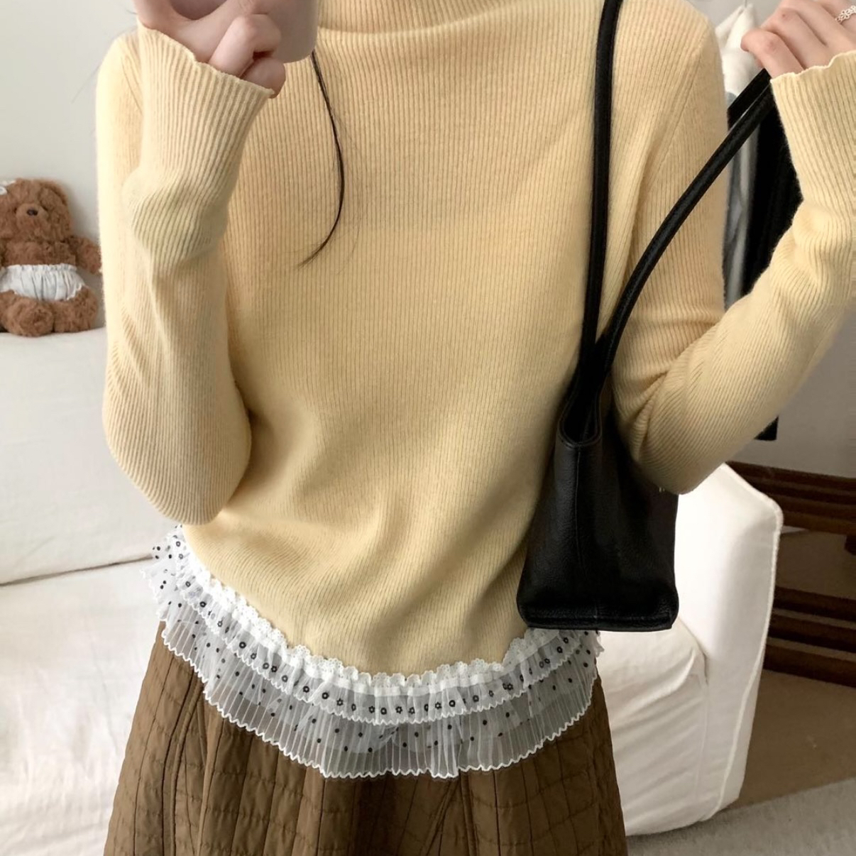 TOMORROW-打底～波点蕾丝花边半高领木耳边打底针织衫（含100羊毛