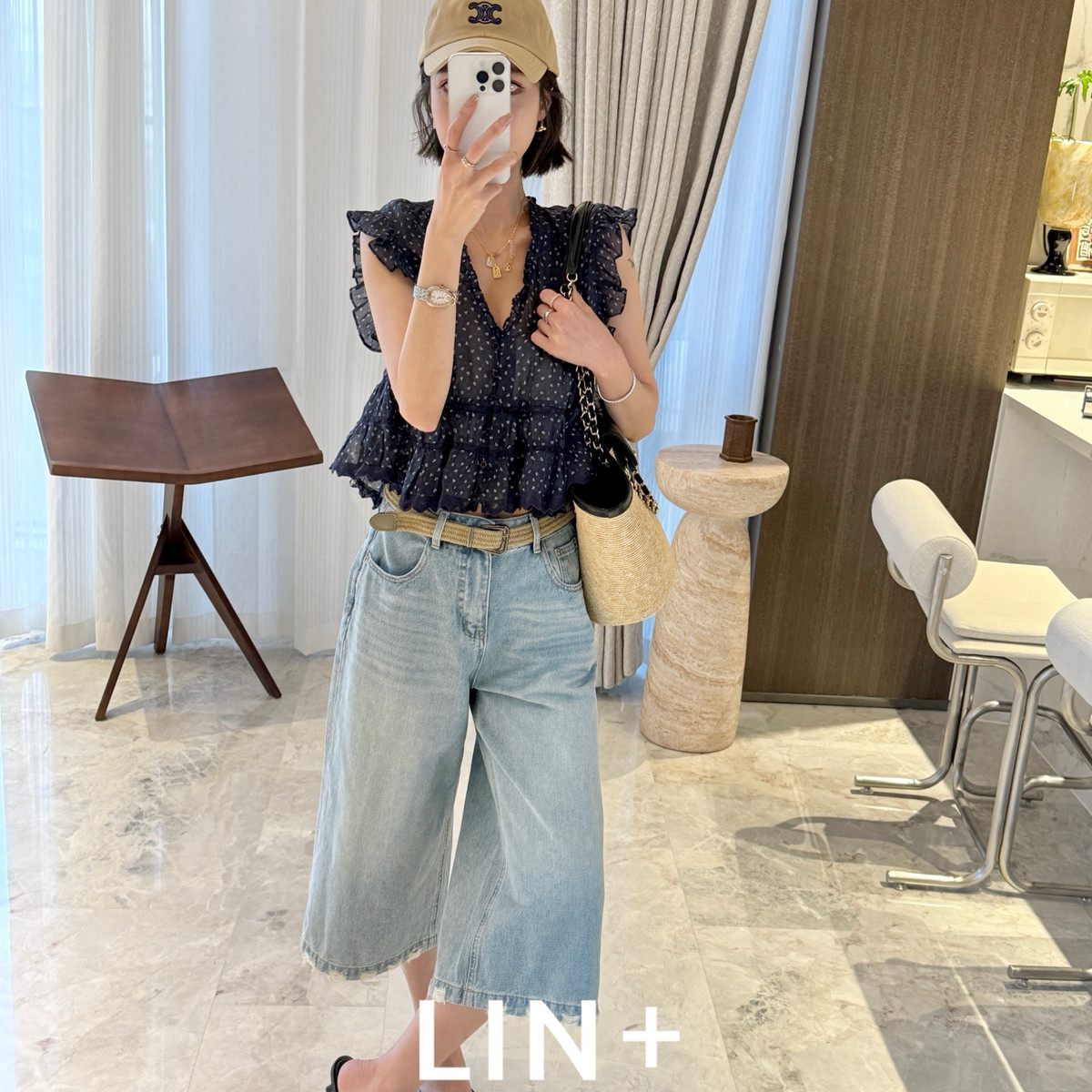 LIN+  -6夏上新夏上新～棉BF风清水蓝阔腿七分松弛做旧牛仔裤TT01