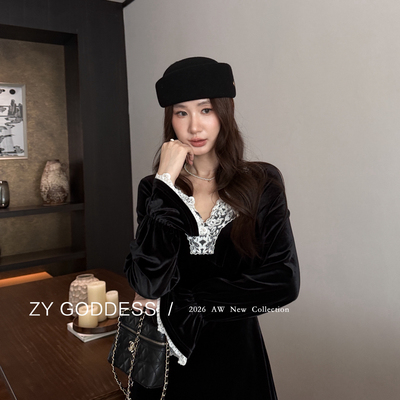 ZY GODDESS-赫本风法式复古丝绒蕾丝拼接V领宽松长款连衣裙89523