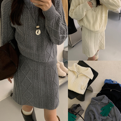 MZI STUDIO-工麻花干净温柔系高领半拉链毛衣+包臀显瘦半身裙套装