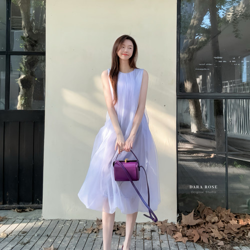 DARA ROSE-雾紫色设计师款仙女无袖高级感超仙花苞裙连衣裙G9106