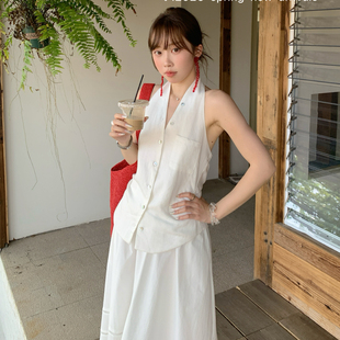 Y11348 露背简约休闲清雅挂脖26年夏小衫 天丝捏褶修身 YOOMINI