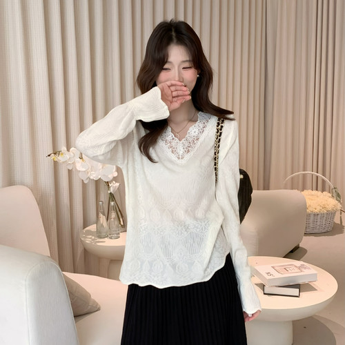 SUSAN-本命蕾丝打底韩系V领钩花蕾丝花边镂空提花百搭针织衫6511s
