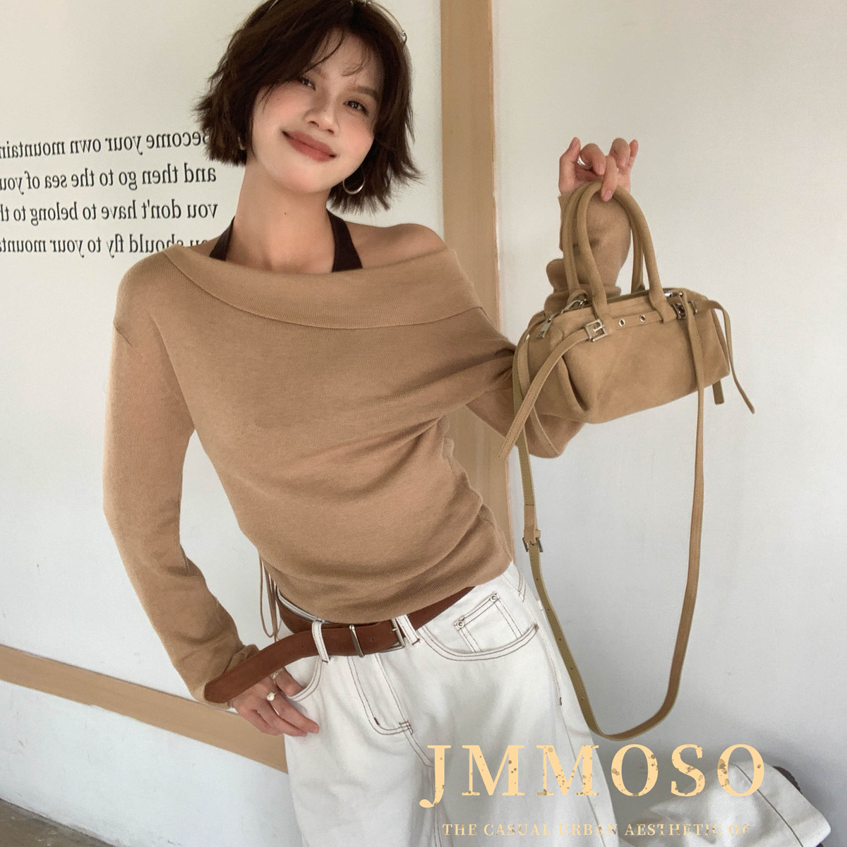 ZY GODDESS-主风拼接撞色挂脖设计感侧抽绳显瘦针织衫（含30羊毛