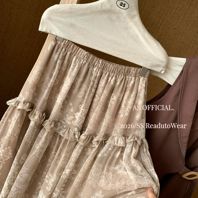 AS-自带ukcity中古感浪漫印花木耳边拼接半身裙 28139