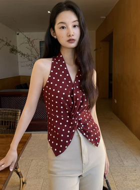 LS-26早春上新复古波点V领上衣百搭显瘦辣妹设计感背心61332