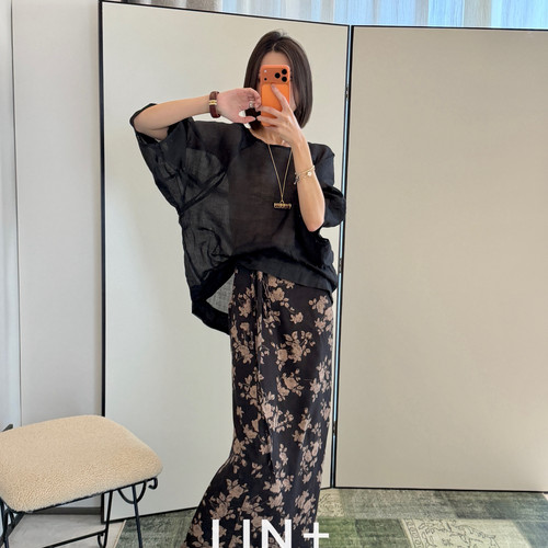 LIN+  -一片式老钱水墨碎花度假大码松弛半身裙（含100亚麻）MX54