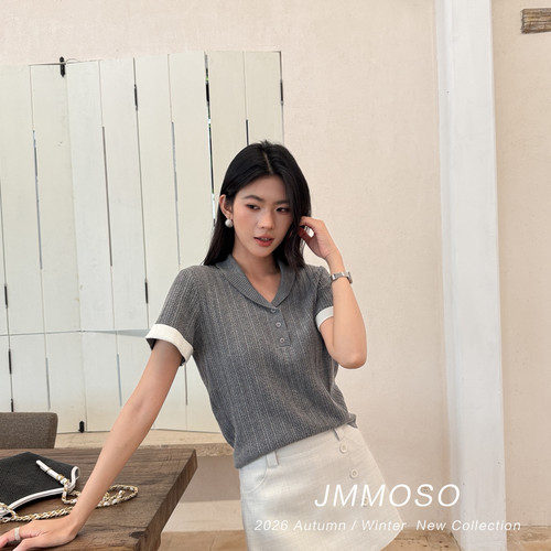ZY GODDESS-领翻领拼接撞色袖口短袖百搭针织衫JC6585