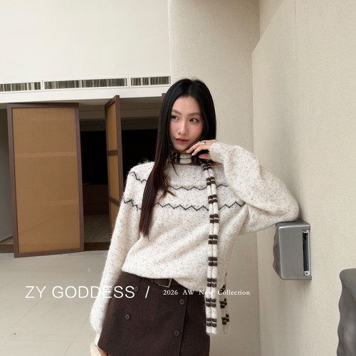 ZY GODDESS-提花一字肩宽松羊毛针织毛衣(配围巾)）E8250