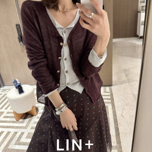 ZL047 清爽针织开衫 LIN 6年夏夏上新亚麻V领单排扣万能防晒开衫