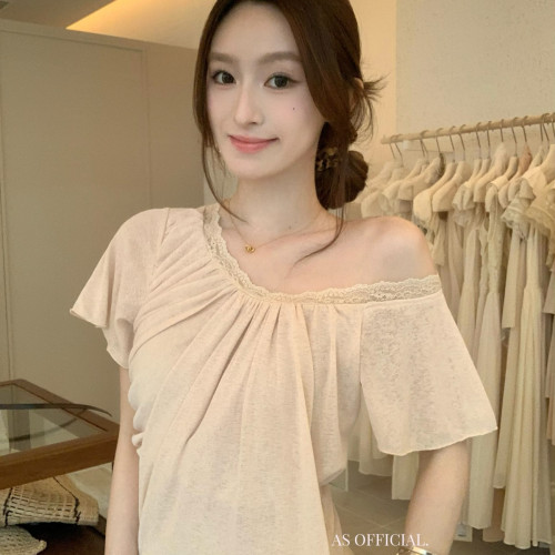 AS OFFICIAL-补单巨心动衣品飙升纯欲薄感·斜肩褶皱设计小衫2819