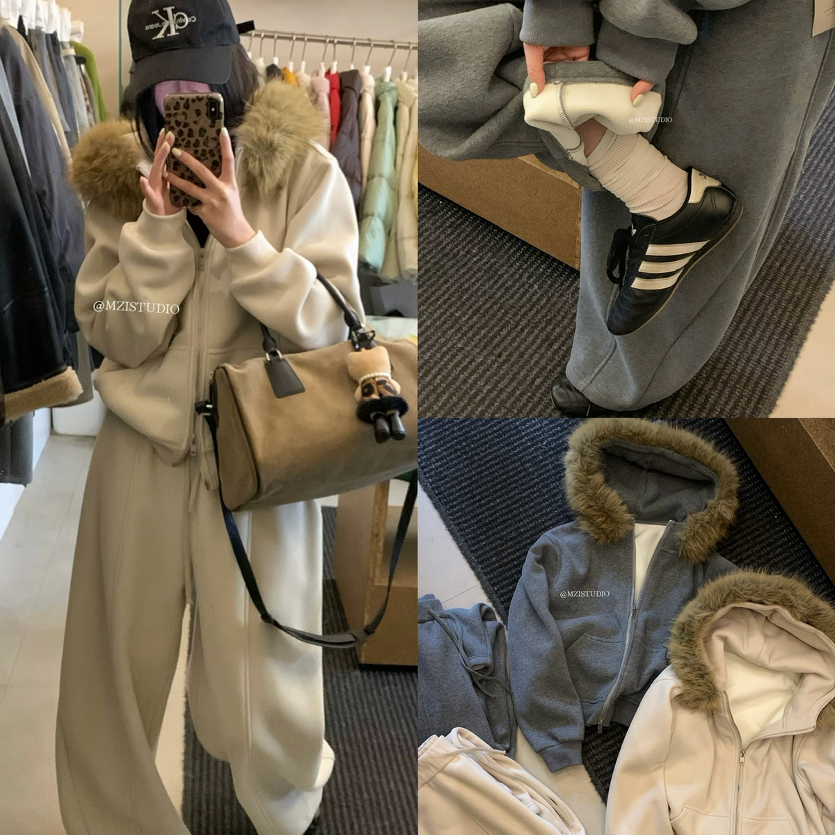 MZI STUDIO-毛领加绒连帽舒适卫衣外套+弯刀松紧腰抽绳休闲裤套装