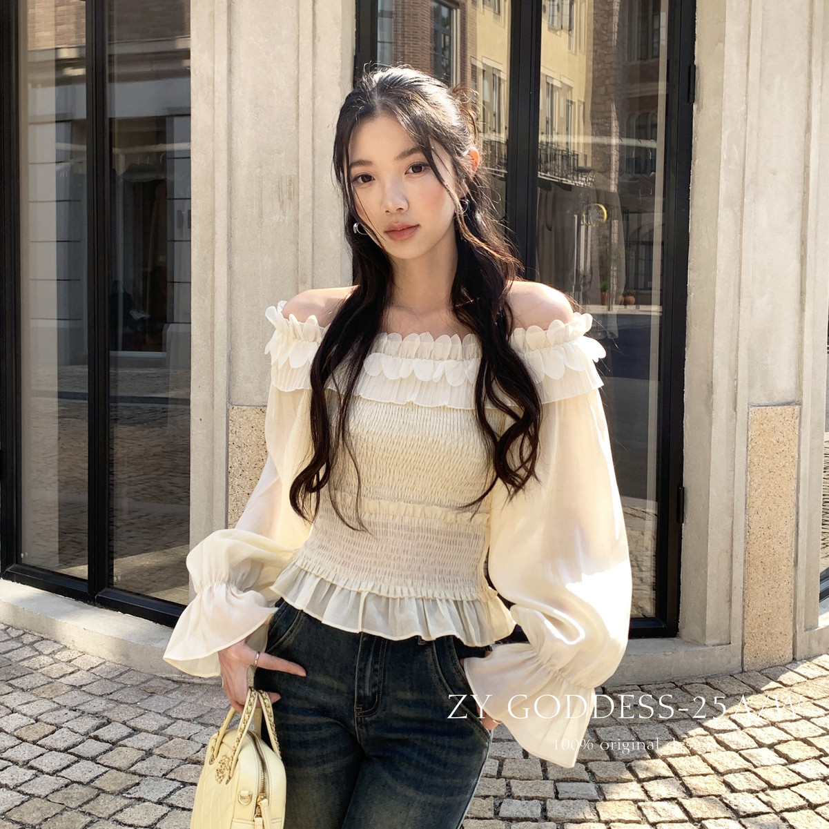 ZY GODDESS-韩版高品质天丝气质纯欲一字肩花边打揽显瘦防晒小衫