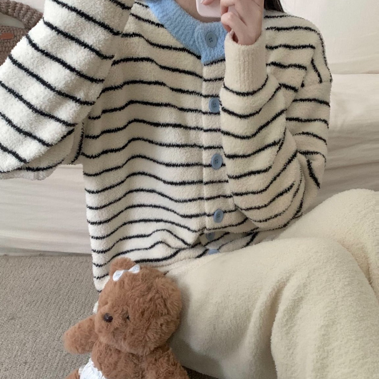 TOMORROW-人居家2件套韩系清新条纹撞色半边绒上衣+裤子睡衣套装