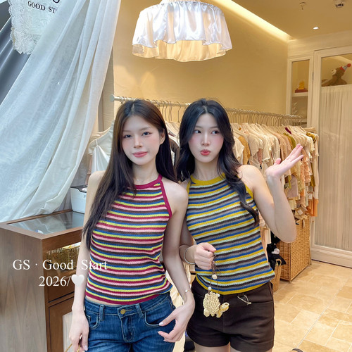 GS.GOOD START-舒适区闭眼go韩系复古辣妹条纹弹力针织背心D1389