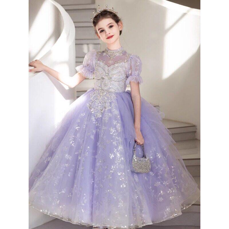 紫色女童礼服公主裙高端轻奢小众绝美儿童生日主持人钢琴演奏演出