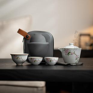 家用户外快客杯泡茶杯一壶三杯 鱼戏汝窑复古便携旅行功夫茶具套装