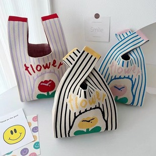 新款 百搭外出上班小拎包便当袋饭盒袋遛弯 郁金香花针织手提包时尚