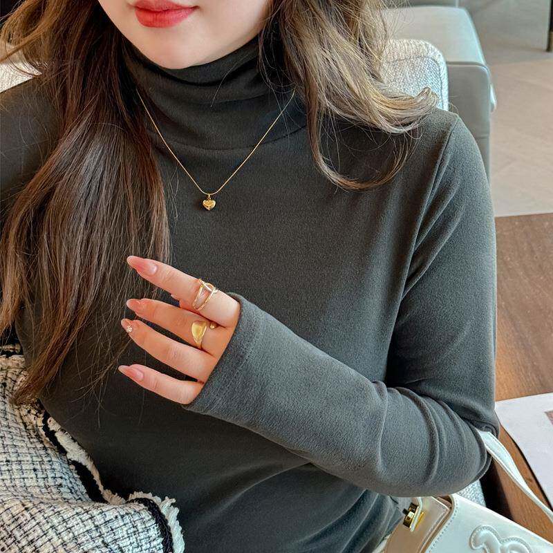 大码德绒高领打底衫女士内搭秋冬季磨毛加绒堆堆领百搭可外穿上衣