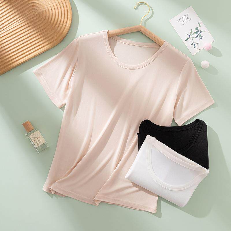 100%桑蚕丝圆领短袖T恤女薄款纯色基础款宽松百搭舒适打底衫居家