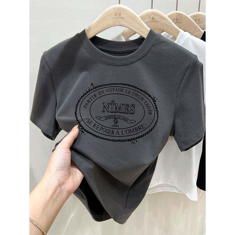 美式正肩短袖t恤女装2024夏季新款欧货半袖体恤修身别致短款上衣