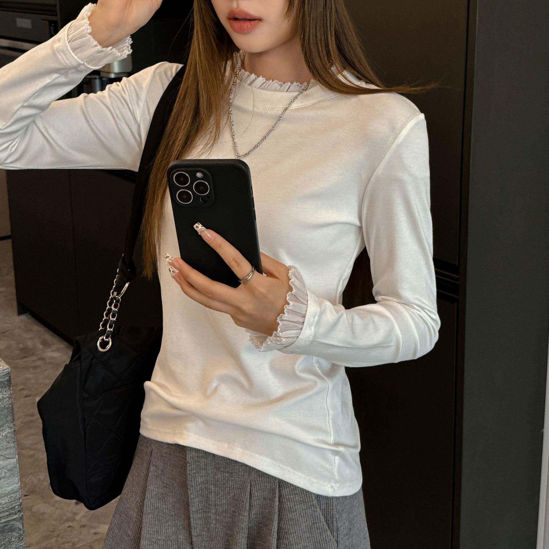 严选设计感蕾丝花边上衣女秋冬莫代尔半高领内搭打底衫可外穿t恤