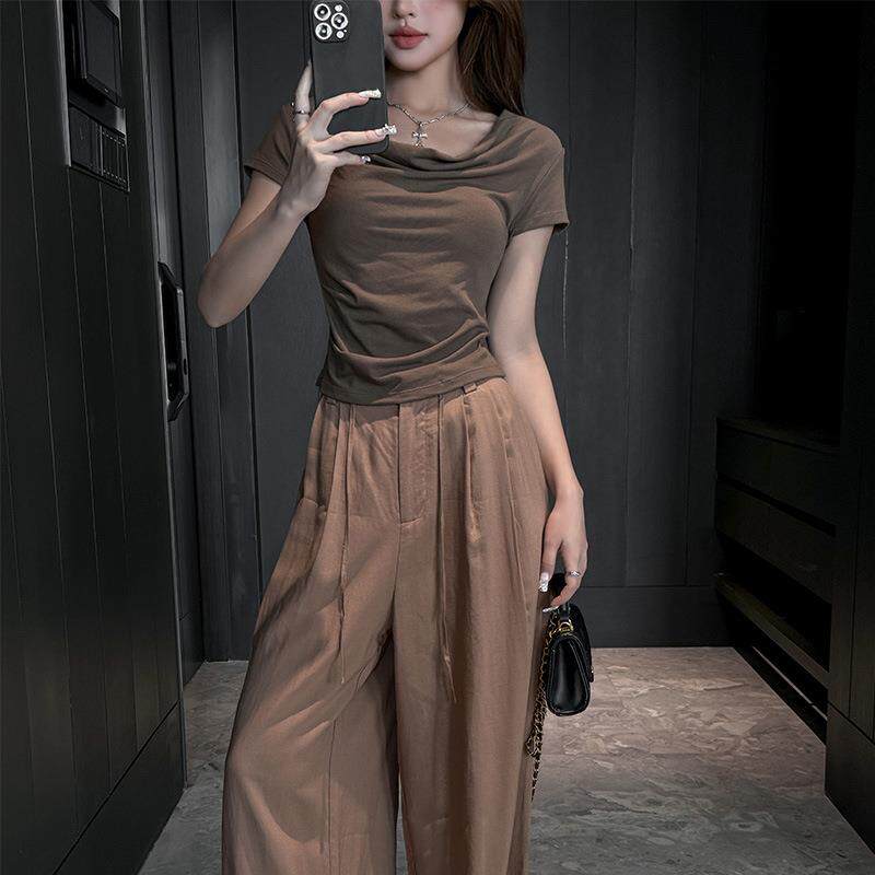 严选纯色高级感小众堆堆围巾领一字肩短袖t恤女夏季休闲露肩上衣