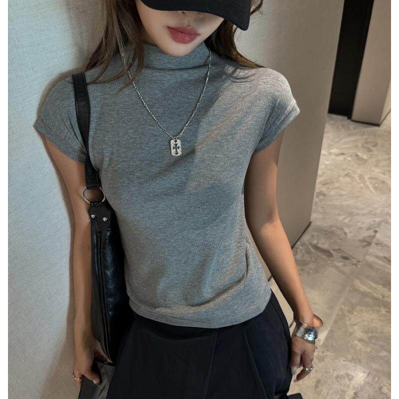 早秋天丝半高领正肩短袖t恤女内搭修身打底衫设计高级感气质上衣