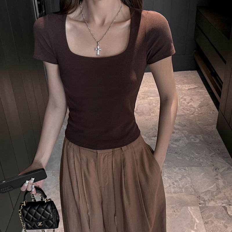 严选方领纯色纯欲风辣妹短款正肩短袖女高级感小众可外穿内搭上衣