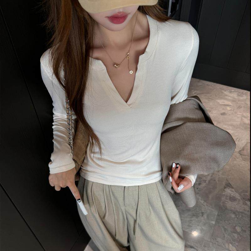 莫代尔V领开叉高级感正肩打底衫女内搭秋冬季长袖t恤外穿修身上衣